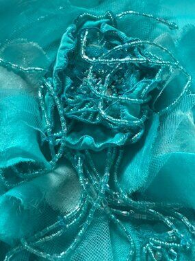 LUX GENNY VERSACE COCKTAIL DRESS SIDE LACE BEAD CORSAGE DEEP-V TIFFANY BLUE WOW